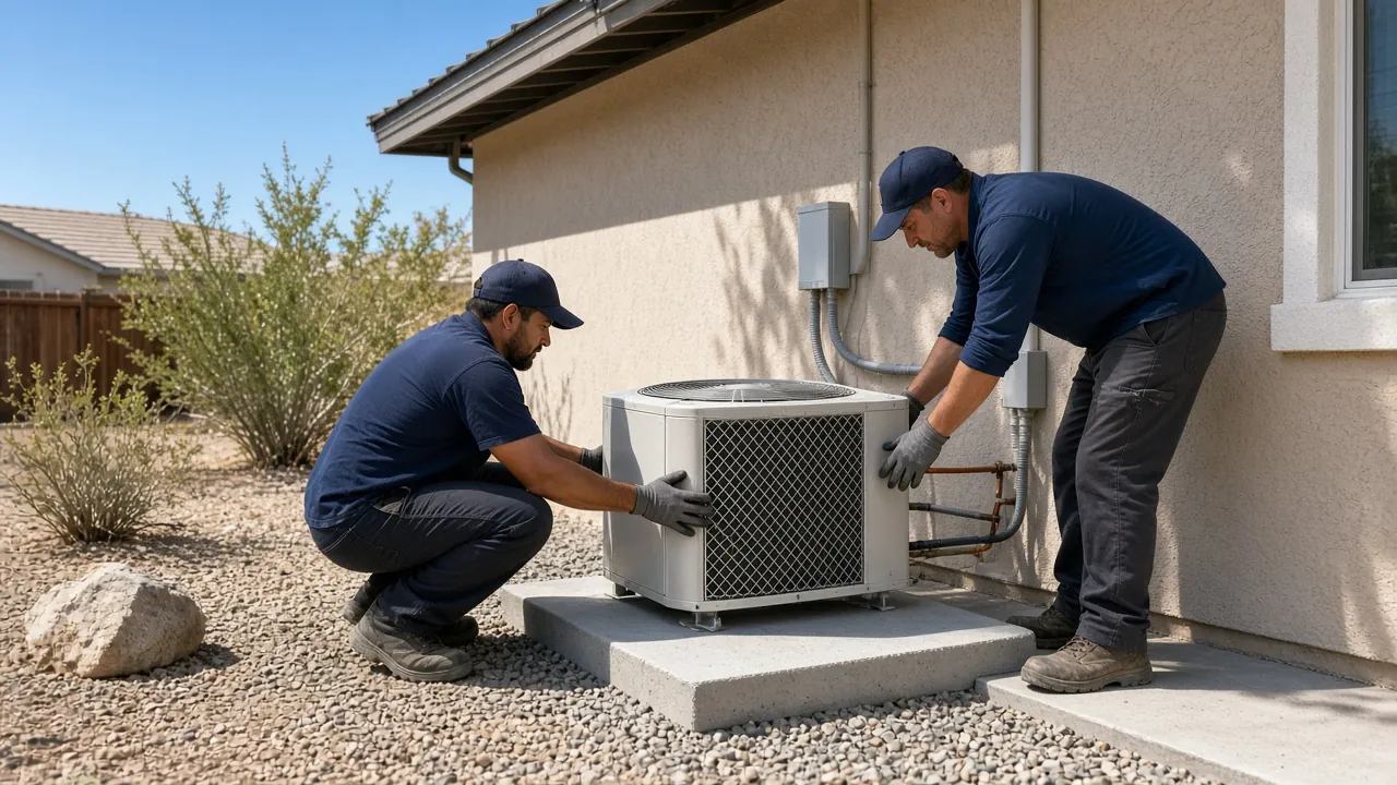 Two installers setting a new central air condenser on a concrete pad beside a stucco home