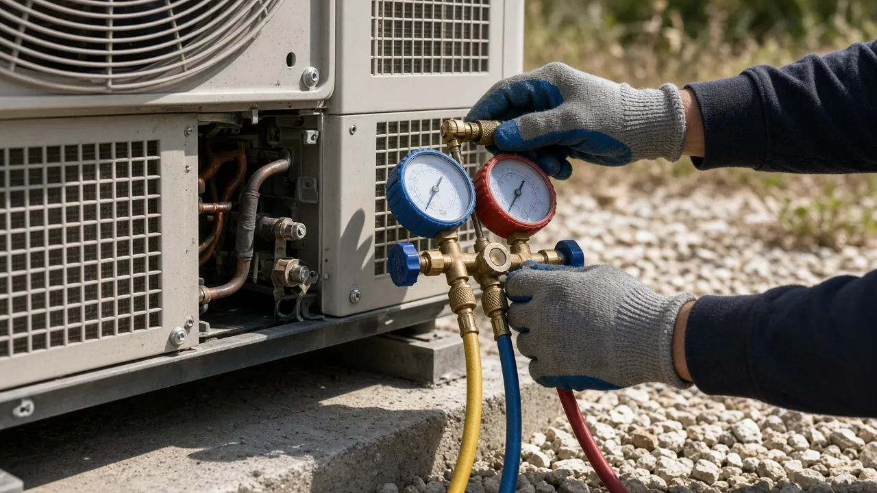 Technician connecting refrigerant gauges to the service valves of an outdoor AC unit