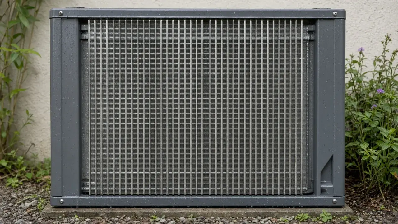 Same style AC condenser coil washed clean with weeds cleared from the base