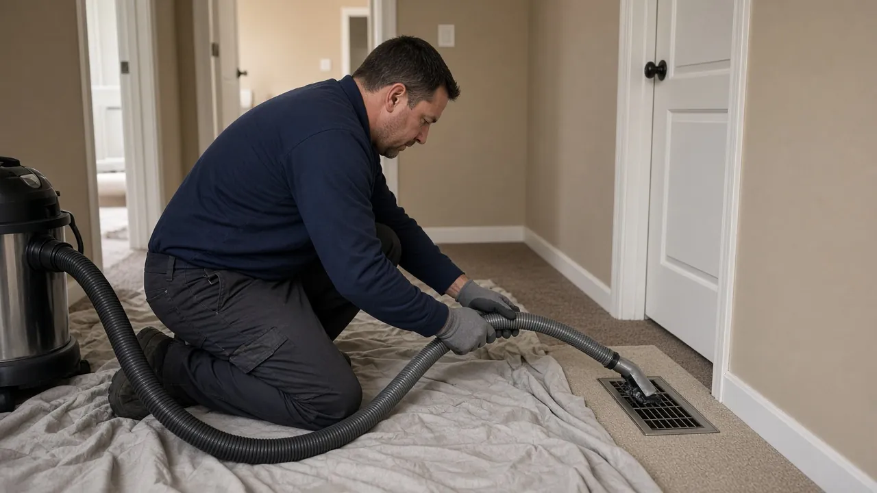 Technician removing a floor supply register to inspect the duct with a flashlight