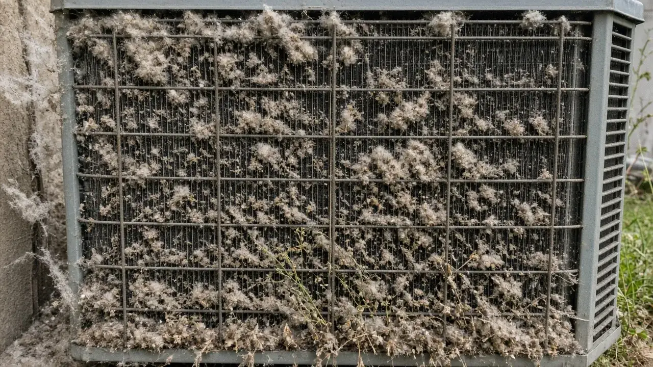 AC condenser coil packed with cottonwood fluff, dust and dry weeds