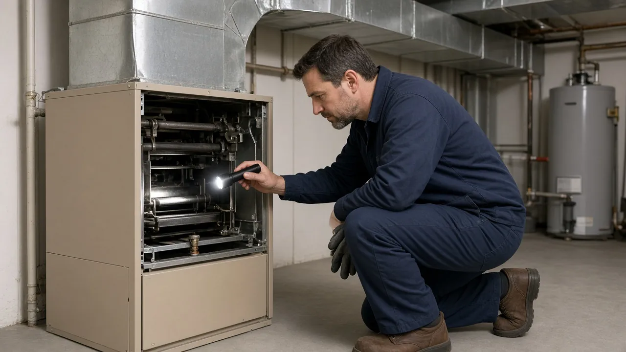 Technician using a flashlight to inspect the burners of an open gas furnace in a basement