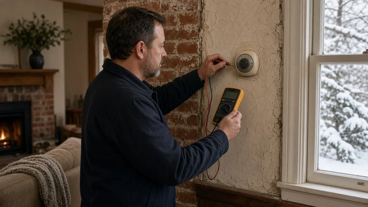 Cast iron radiator under a window in an older Pueblo home with a thermostat on the wall