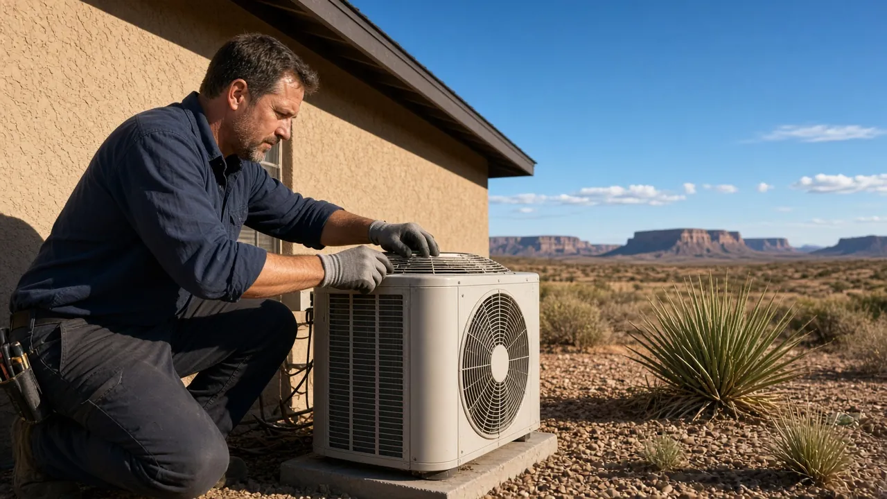 HVAC technician checking a central air condenser beside a stucco ranch home in dry Pueblo, Colorado country